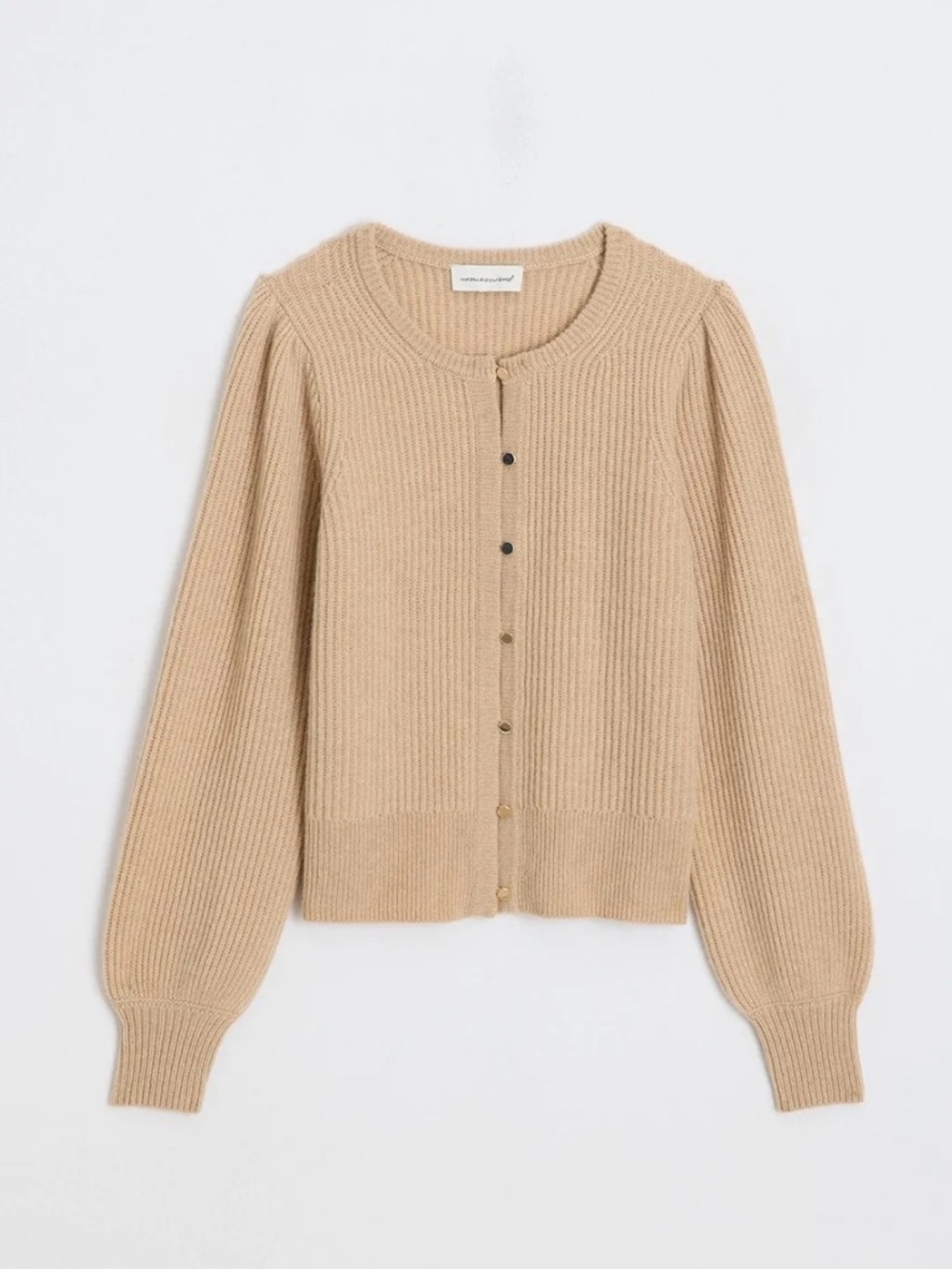 Unsubscribed Ribbed Cocoon-Weight Tan 100% Cashmere Puff Sleeve Cardigan